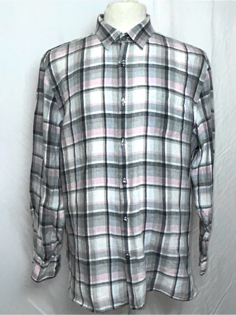 Baird McNutt Murano Mens 100% Linen Plaid Button Down Shirt Pink Gray XL
